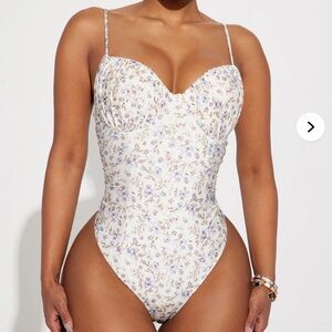 Blāshe Romantic Purple Floral Bodysuit with Bustier Top and High-Cut Style. M